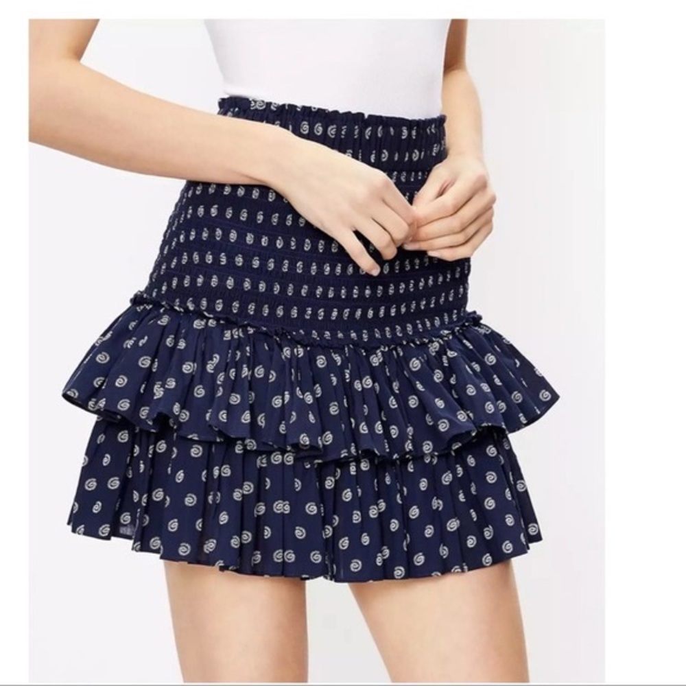 Loft Navy and White Shell Smocked Tier Mini Skirt Ruffle
